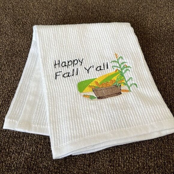 Custom Embroidered White Cotton Barmop Towel “Happy Fall Y’all”3 - Picture 4 of 8
